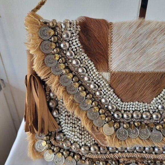 ibBan Anthropologie Hair on Hide Embellished Crossbody Bag w/ Braided Strap - Picture 3 of 16